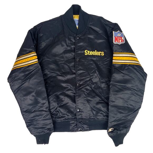 VTG 90s Pittsburgh Steelers Jacket Starter Black Satin Bomber USA Men's Sz M - Picture 1 of 10